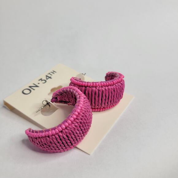 On 34th Silver-Tone Medium Color Seed Bead & Raffia C-Hoop Earrings, 1.25" Pink - Picture 4 of 6